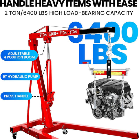 Built Tough Folding Engine Hoist With Quick Adjust Leveler And Rock Solid 6400 Lbs Alloy Steel Capacity Pro Shop Ready Essential For No Sweat Automotive Repair Jobs with adjustable boom and 6400 lbs capacity.