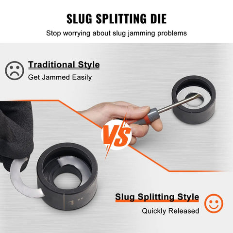 Comparison of traditional vs slug splitting die from Heavy Duty Hydraulic Knockout Punch Kit 4 Piece Set for conduit holes.