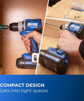 Compact Cordless 20V Drill And 1/4 Inch Impact Driver Combo Kit With Two Reliable Batteries in use in tight spaces.