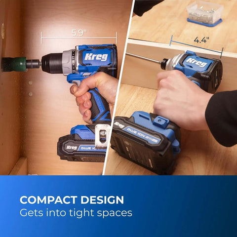 Compact Cordless 20V Drill And 1/4 Inch Impact Driver Combo Kit With Two Reliable Batteries in use in tight spaces.