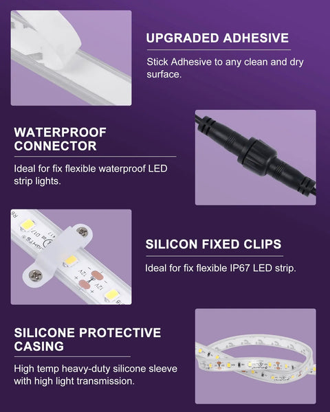 Dope Outdoor LED Strip Lights Waterproof 16.4ft Dimmable Tape Light 5000K Cool White IP67 With 300 LEDs adhesive and connectors.
