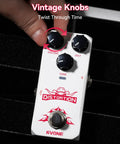 High Gain Distortion Pedal For Electric Guitar With Aluminum Enclosure, top view with vintage knobs and true bypass