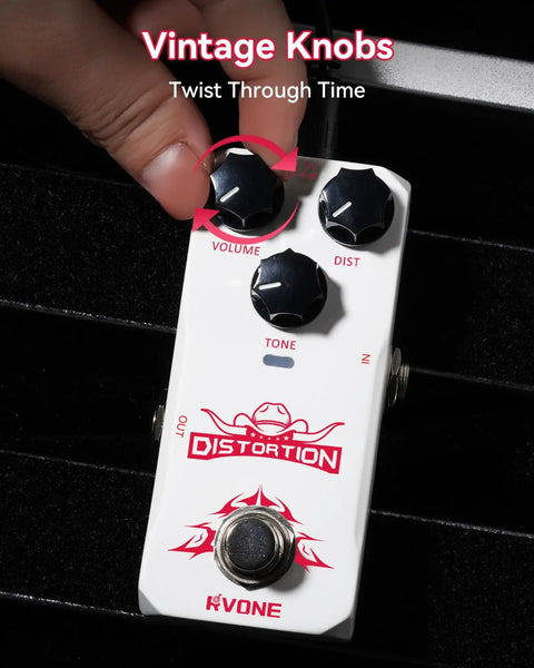 High Gain Distortion Pedal For Electric Guitar With Aluminum Enclosure, top view with vintage knobs and true bypass