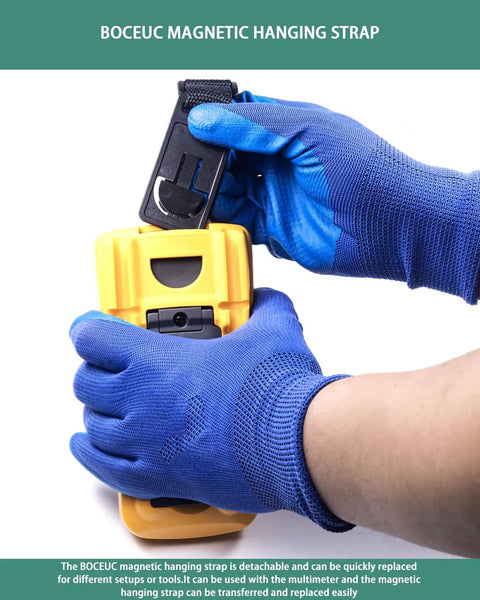 Person demonstrating a Magnetic Hanging Strap For Fluke Multimeters That Make Your Day On The Job Site And In The Workshop Fits Models 115 116 117 175 177 179 15B Plus 17B Plus 18B Plus 87V 287 289 And More Secure Hands Free Meter Accessory For Busy Techs.