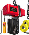 FITHOIST 1100 Lb Electric Chain Hoist 120V Motor With Wired Remote Control showing chain, remote, and lifting straps.