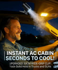 Man using Clip On Car Fan With LED Display And 360 Degree Rotation, 199 Speed Settings, USB Rechargeable, dark gray in car at night.