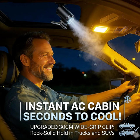 Man using Clip On Car Fan With LED Display And 360 Degree Rotation, 199 Speed Settings, USB Rechargeable, dark gray in car at night.