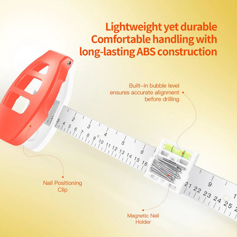 Hustle Free Picture Hanging Tool Combines Spirit Level Tape Measure And Magnetic Nail Starter for precise alignment and handling.