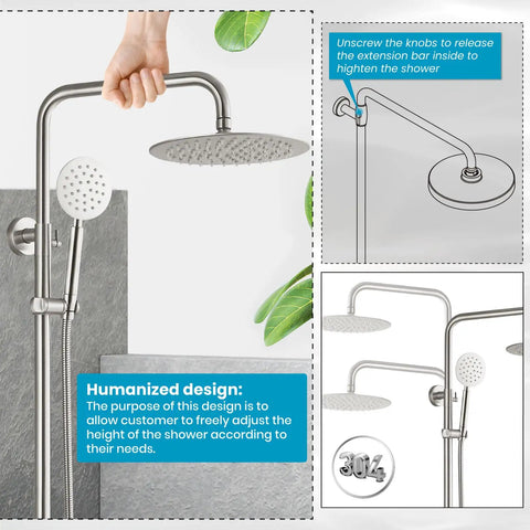 SUS304 Outdoor Shower System With Wall Mount, Heavy Duty High Pressure Dual Function Faucet Set, nickel finish, shower details