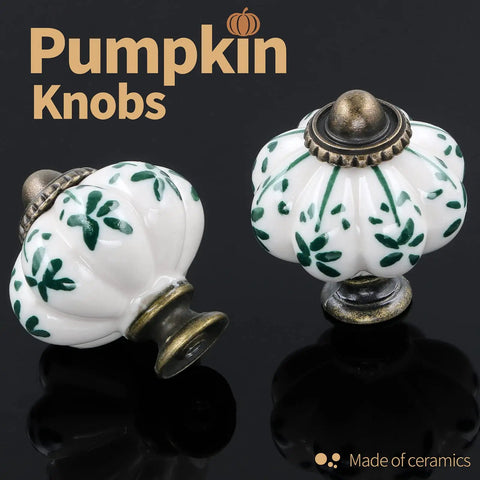 Ivory And Green Ceramic Pumpkin Cabinet Knobs Six Pack Vintage Drawer Pulls With Screws For Antique Dresser Pulls Green Flower Design Perfect For Kitchen Cabinets And Bedroom Dressers Renovations Great For Home Improvement Projects, 34.9mm