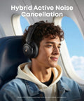Man wearing Hybrid Active Noise Canceling Headphones With Custom EQ Via App Multiple Modes Hi Res Audio And 50 Hour Battery Life