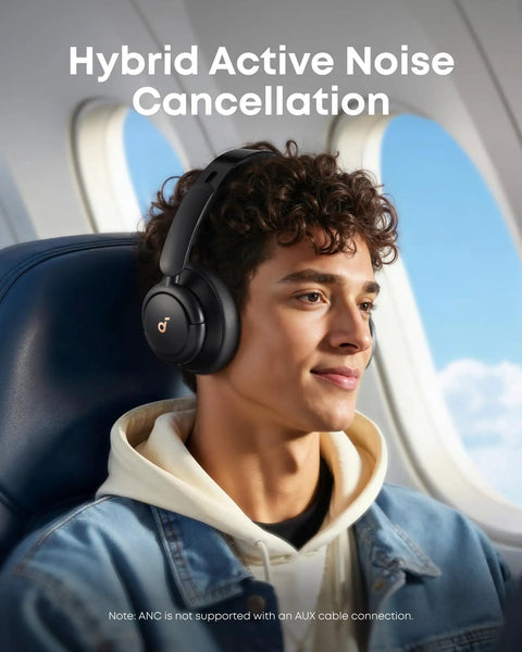 Man wearing Hybrid Active Noise Canceling Headphones With Custom EQ Via App Multiple Modes Hi Res Audio And 50 Hour Battery Life