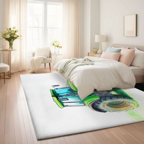 Farm Tractor Themed Area Rug 3 Ft By 5 Ft White Machine Washable Carpet in bedroom setting