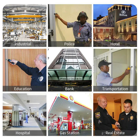 Collage showing RFID Guard Tour System Patrol Reader in various settings: industrial, police, hotel, bank, and transportation.