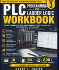 Master PLC Programming And Ladder Logic Hands-On Workbook For Industrial Automation Pros with workbook cover and PLC equipment.