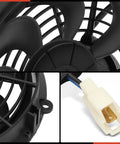 Rock Solid 10 Inch Universal Electric Cooling Fan Assembly With Thermostat Relay And Mount Kit Direct Drop Fit 12 Volt Pull Type Radiator Fan close-up of blades and connector