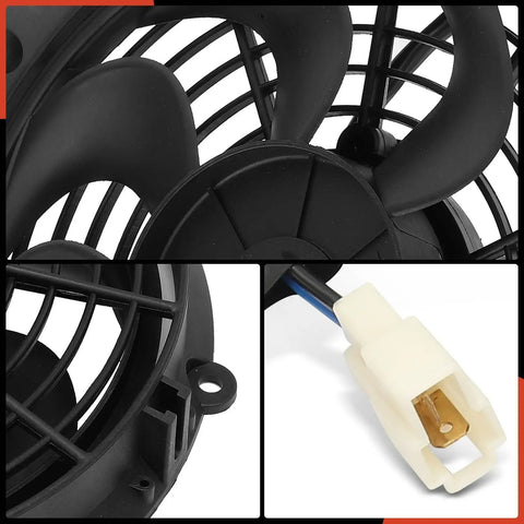 Rock Solid 10 Inch Universal Electric Cooling Fan Assembly With Thermostat Relay And Mount Kit Direct Drop Fit 12 Volt Pull Type Radiator Fan close-up of blades and connector