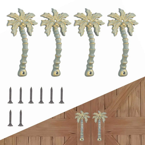Heavy Duty Coconut Tree Shaped Barn Door Handles 7.5 Inch Cast Iron Pulls with screws on brown wooden barn doors, 4 pack
