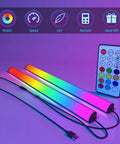 Under Monitor Light Bar With RGB Dope Rainbow Effects Dimmable LED Desk Lamp For Gaming Setup And Work USB Powered Remote Control Color Changing Brightness Speed Adjustable with colorful remote control included.