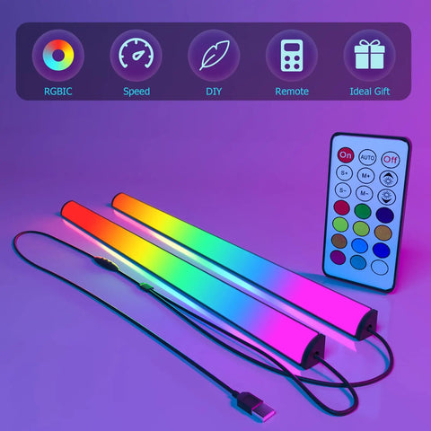 Under Monitor Light Bar With RGB Dope Rainbow Effects Dimmable LED Desk Lamp For Gaming Setup And Work USB Powered Remote Control Color Changing Brightness Speed Adjustable with colorful remote control included.