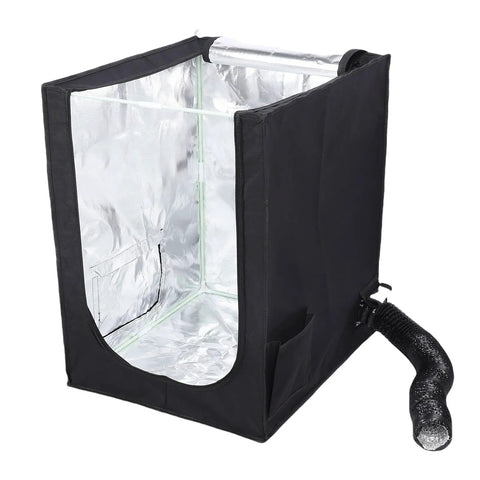 Fireproof 3D Printer Enclosure With Fan Exhaust Kit And LED Light For Ender Series Printers, Reducing Noise And Improving Temperature Control With Temperature Meter Included, Shop Ready For Lab Or Home Studio, open view, showing interior and exhaust tube.