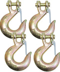 Four Pack 3/8 Inch Grade 70 Forged Clevis Slip Hooks With Safety Latch showing heavy-duty hooks designed for towing and rigging.