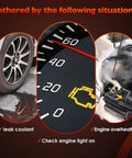 Image showing car issues: leaking coolant, engine overheating, and check engine light on.