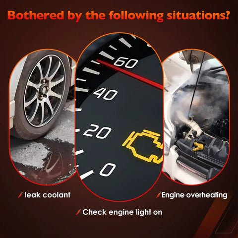 Image showing car issues: leaking coolant, engine overheating, and check engine light on.