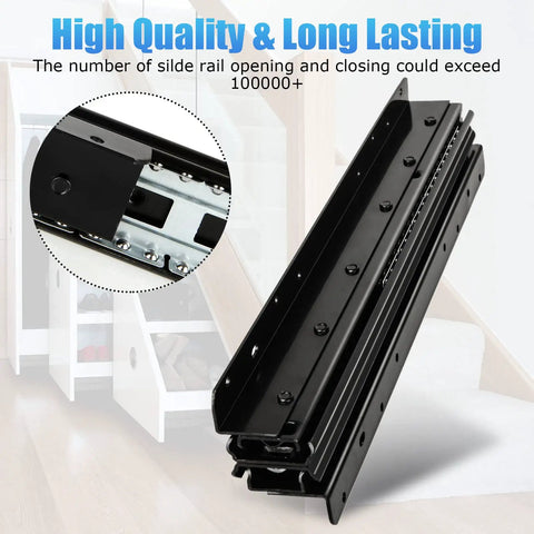 1 Pair 16 Inch Undermount Full Extension Drawer Slides Heavy Duty Bottom Mount Hidden Slides, black steel drawer slide shown with cycle test detail