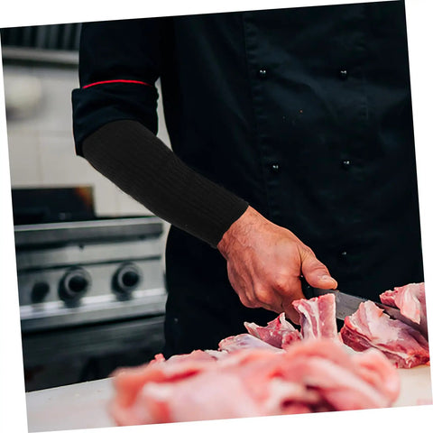Heavy Duty Cut Resistant Arm Sleeves For Welding And Yard Work Shield Forearms From Gnarly Cuts And Scrapes In Durable Pe Blend worn during meat preparation.