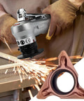 Ten Pack Hella Durable Carbide Chamfering Tool Bits For Pneumatic Mini Bevelers Plus Lathe Turning Inserts in use with sparks.