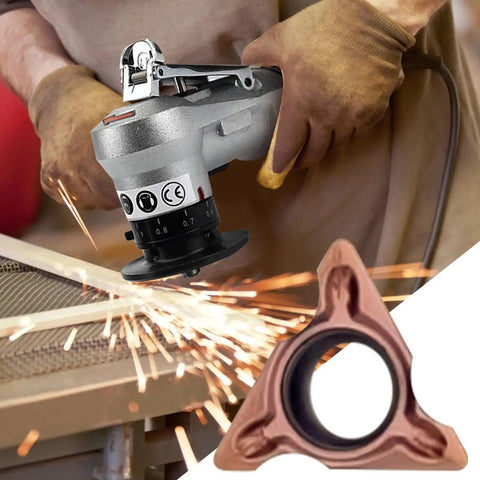 Ten Pack Hella Durable Carbide Chamfering Tool Bits For Pneumatic Mini Bevelers Plus Lathe Turning Inserts in use with sparks.