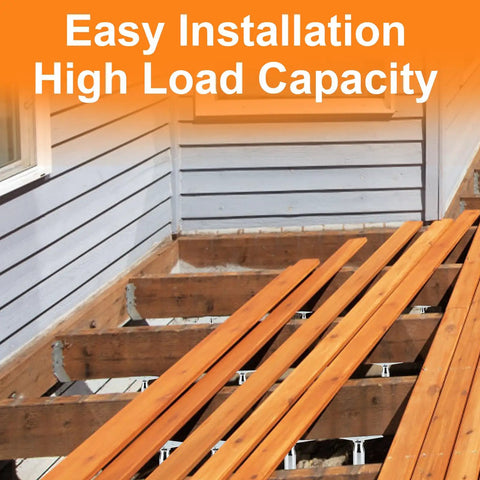 Heavy Duty Adjustable Support Jack Set For Decks And Floor Joists Two Pack Mini Screw Pedestals visible under wooden deck boards.