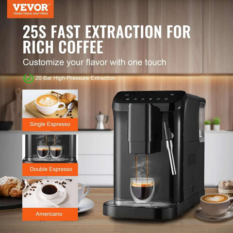Automatic Espresso Machine With Built In Grinder, 20 Bar Pressure, Frother Steam Wand, making espresso on kitchen counter