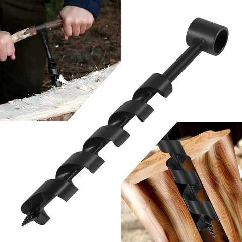 Close-up of Hand Powered Wood Auger Drill Bit 1 Inch By 12 Inch with Wrench used for DIY bushcraft and woodworking projects.