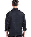 Back view of a Professional Black Long Sleeve Chef Jacket With Rugged Zipper Closure and Ultra Breathable Kitchen Cook Uniform.