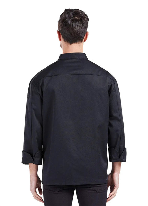 Back view of a Professional Black Long Sleeve Chef Jacket With Rugged Zipper Closure and Ultra Breathable Kitchen Cook Uniform.