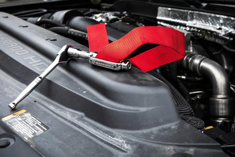 Heavy Duty Oil Filter Strap Wrench With Three Eighths And One Half Inch Drive Nylon Strap Forged Steel Handle Chrome Plated Drive on truck engine