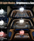 3 LED light modes of 2-In-1 Camping Fan With Light And Remote, shown in car interior, displaying white, warm white, and colored lights.
