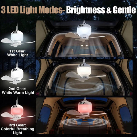 3 LED light modes of 2-In-1 Camping Fan With Light And Remote, shown in car interior, displaying white, warm white, and colored lights.