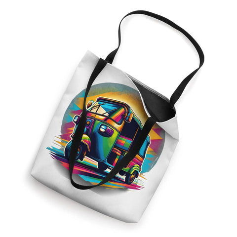 Vibrant Asian Rickshaw Tote Bag Featuring Bold Pop Art Illustrations, 16x16 inch canvas, with thick black straps.