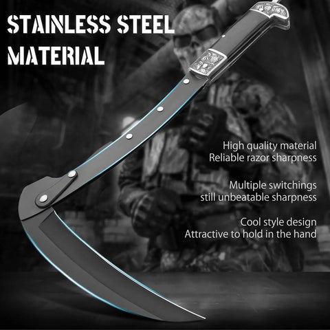 Two Section Folding Sickle With Stainless Steel Blade Black Wood Handle Grab And Go Portable Safety Scythe Knife With Sheath