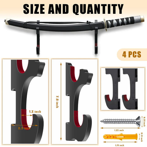 Sword Wall Mount Hanger Set for Adjustable Display Rack for Samurai Swords, Tanto and Cosplay Gear, black with measurements