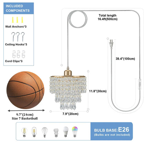 Straight Up Gold Plug In Pendant Light With 16 Foot Long Cord And Sparkling Three Tier Crystals For Kitchen Island Or Cozy Bedroom Setup Premium Slick Mini Chandelier Drip with measurement details.