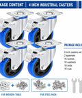 Four Inch Heavy Duty Caster Wheels Set Of Four Featuring Dual Locking Brakes And Super Smooth Polyurethane Rollers For Quiet Garage Haulin Badass Equipment Rolling Up To 2200 Lbs Capacity With Free Mounting Hardware Included, showing hardware and installation tools.
