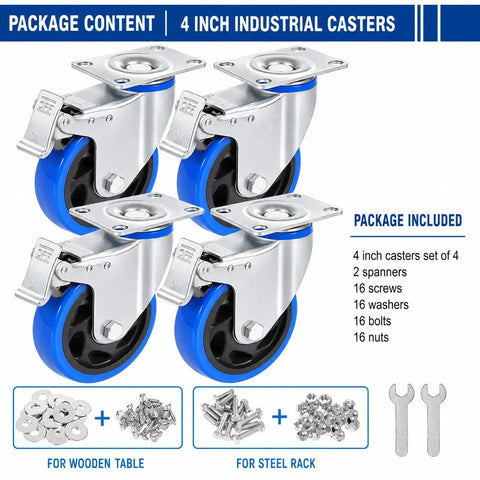 Four Inch Heavy Duty Caster Wheels Set Of Four Featuring Dual Locking Brakes And Super Smooth Polyurethane Rollers For Quiet Garage Haulin Badass Equipment Rolling Up To 2200 Lbs Capacity With Free Mounting Hardware Included, showing hardware and installation tools.