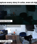 Comparative image showing PTZ Pet Cam with and without Starlight Sensor, highlighting color night vision feature at night.
