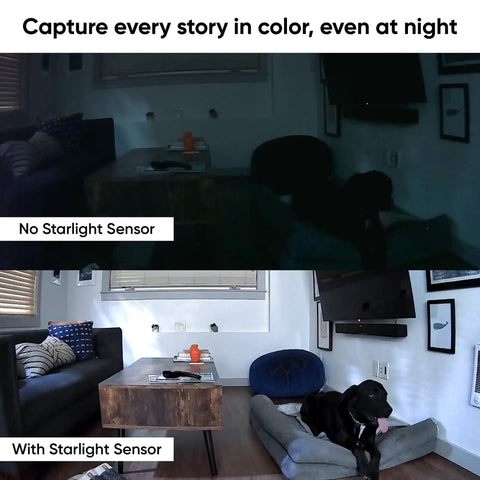Comparative image showing PTZ Pet Cam with and without Starlight Sensor, highlighting color night vision feature at night.