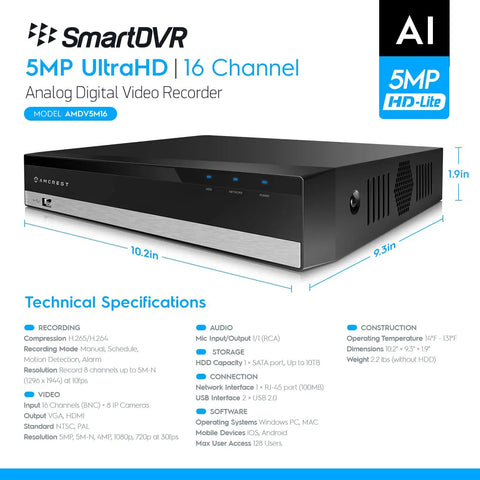 5MP UltraHD 16 Channel DVR Security System Recorder with Remote Smartphone Access, 10.2in x 9.3in x 1.9in dimensions