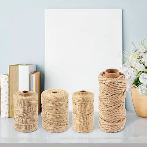 Natural Jute Twine Rope In 1.5mm 2mm 3mm And 6mm Sizes for crafts garden hacks gift packaging cat scratching post displayed on table